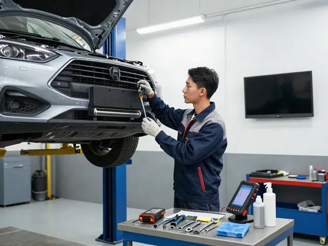 Mechaniker bei der DPF Reinigung in einer modernen Werkstatt mit professionellen Werkzeugen.