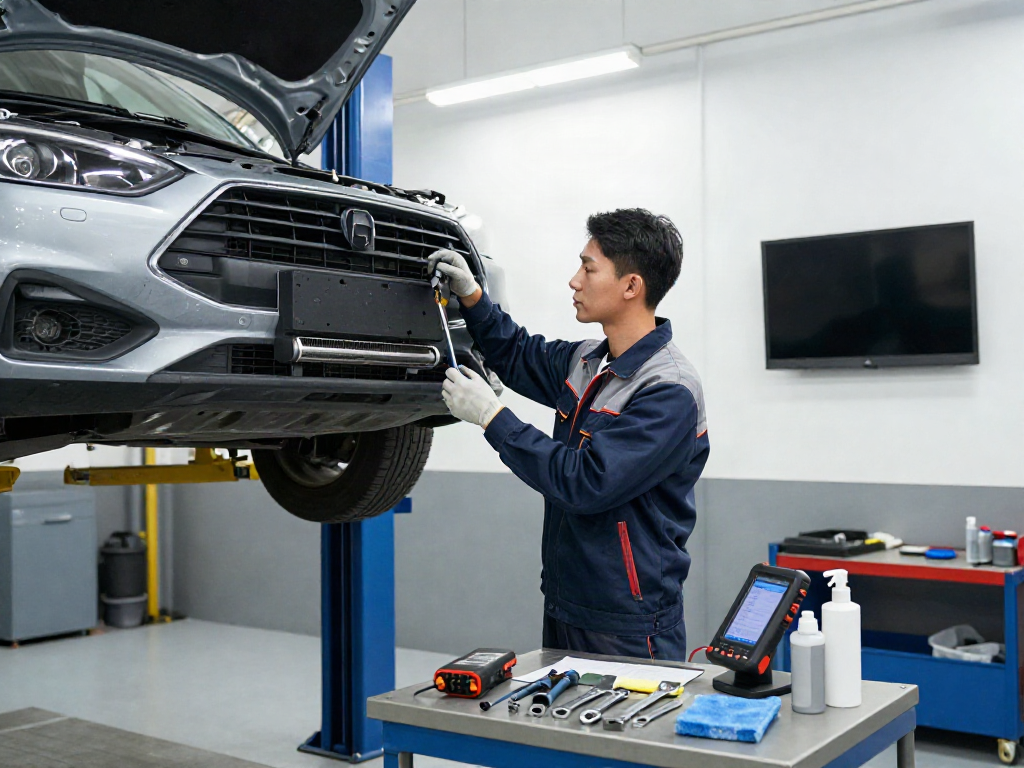 Mechaniker bei der DPF Reinigung in einer modernen Werkstatt mit professionellen Werkzeugen.