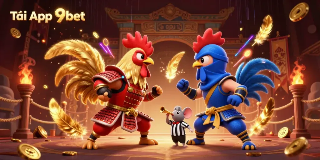 Tải App 9bet to engage in a thrilling roosters' duel amidst casino-themed elements and vibrant visuals.