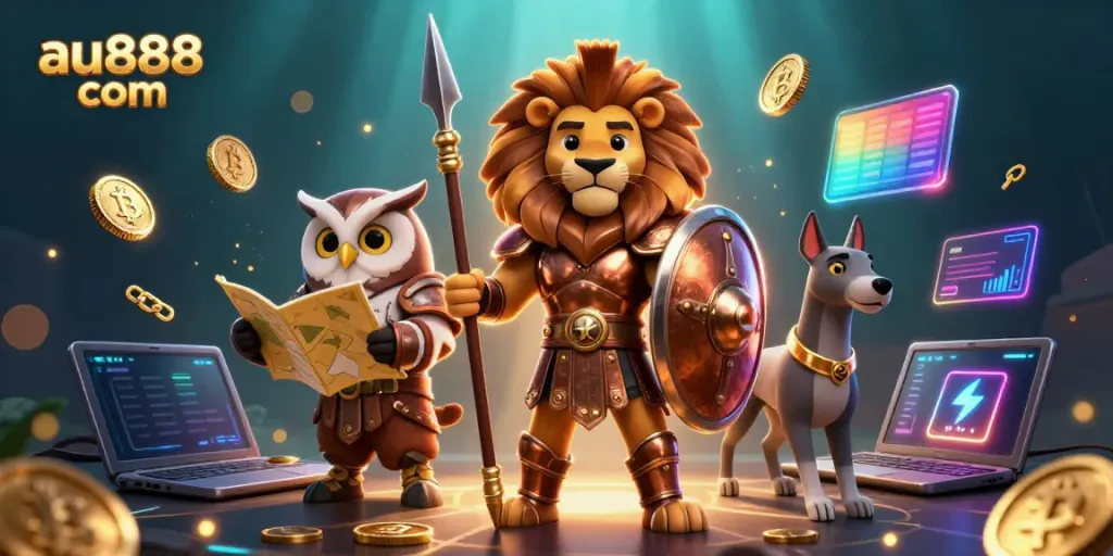 Engage with exciting games at au888 com with a dynamic scene of strategic characters and crypto elements.