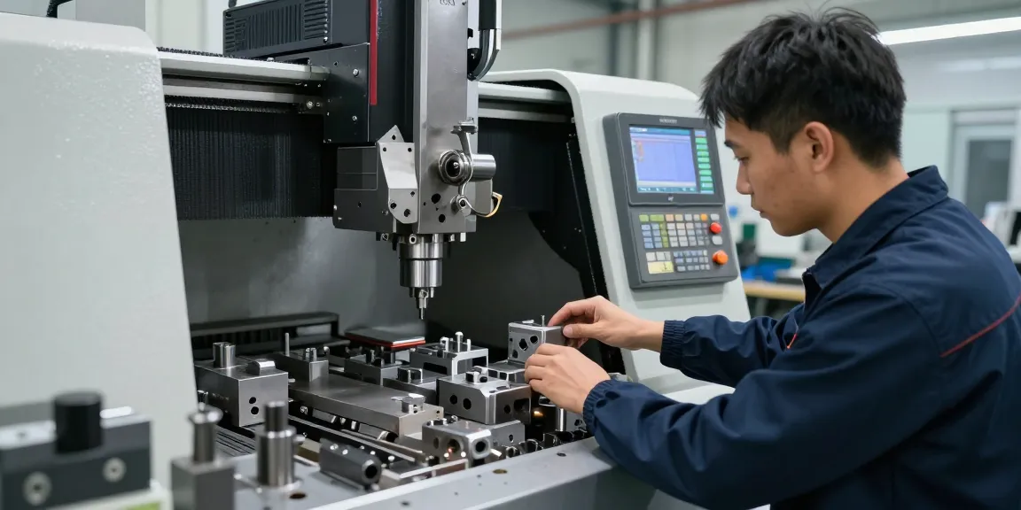 CNC-Bearbeitung: Fachtechniker bei der Einstellung einer CNC-Maschine in einer modernen Produktionsumgebung.