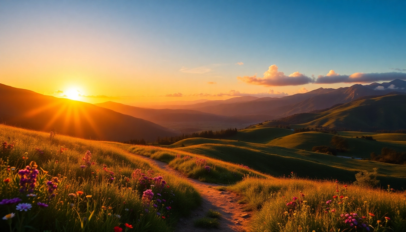 Reiseziele in einer atemberaubenden grünen Landschaft mit bunten Blumen und Bergen im Hintergrund.