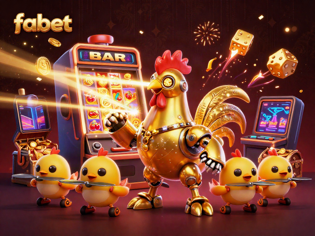 Experience the excitement of fabet with a golden rooster robot and vibrant casino elements.