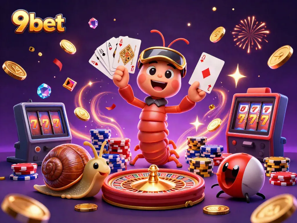 Experience the excitement of 9bet casino with vibrant characters and festive gambling elements.