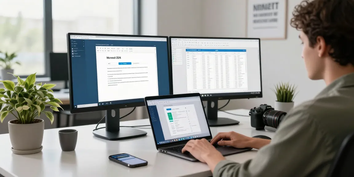 Professioneller Arbeitsplatz mit MS Office 2024 für macOS Vollversion auf einem MacBook, umgeben von Monitoren und inspirierender Atmosphäre.
