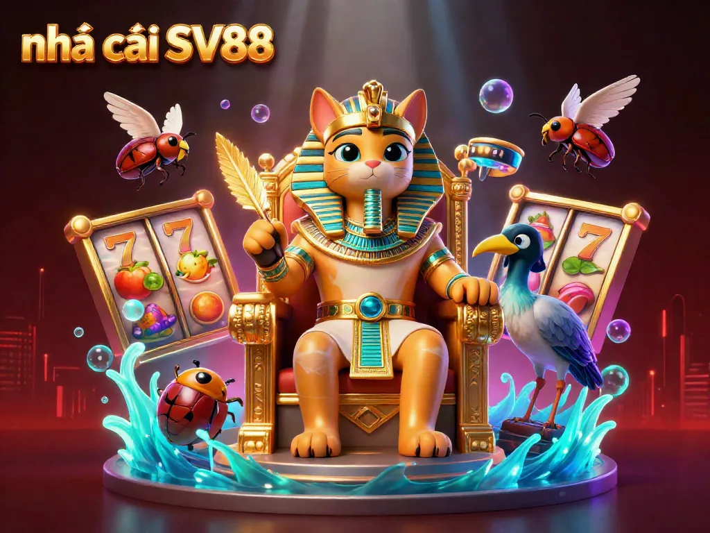 Experience dynamic gaming action with nhà cái SV88 in this vibrant 3D casino illustration filled with iconic elements.