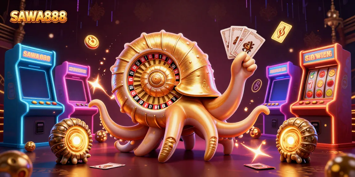 Engage with SAWA888, featuring a vibrant 3D illustration of a giant nautilus as a roulette wheel in a lively casino setting.