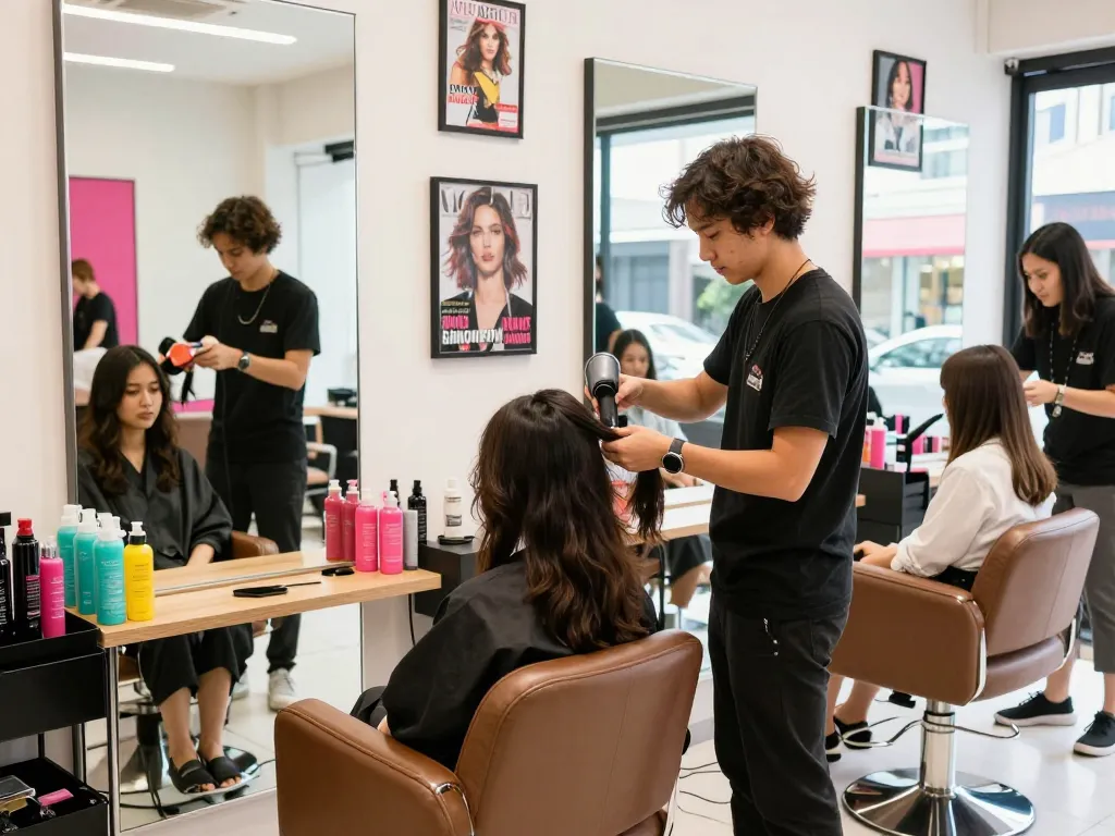 Stylists in a ladies hair salon Singapore creating trendy hairstyles in a vibrant atmosphere.