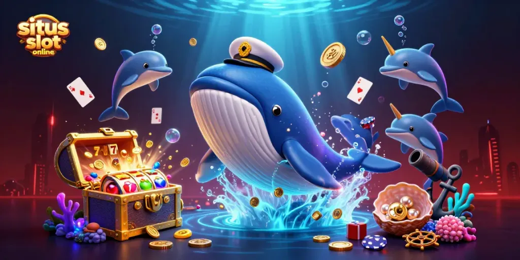 Engage with situs slot online through a lively scene featuring a whale and playful dolphins in a treasure-filled underwater casino.