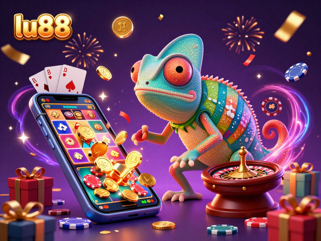 Experience thrilling gameplay at lu88 while the chameleon casino owner captures golden coins in a vibrant casino scene.