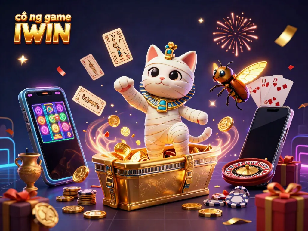 Win big at cổng game IWIN with an exhilarating 3D casino scene featuring a mummy cat and a scarab.