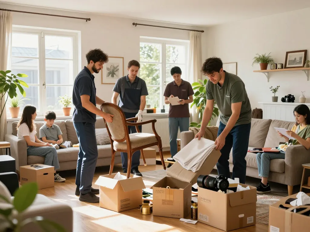 Team führt Räumung Wien in einem unordentlichen Wohnzimmer durch und zeigt Professionalität und Organisation.