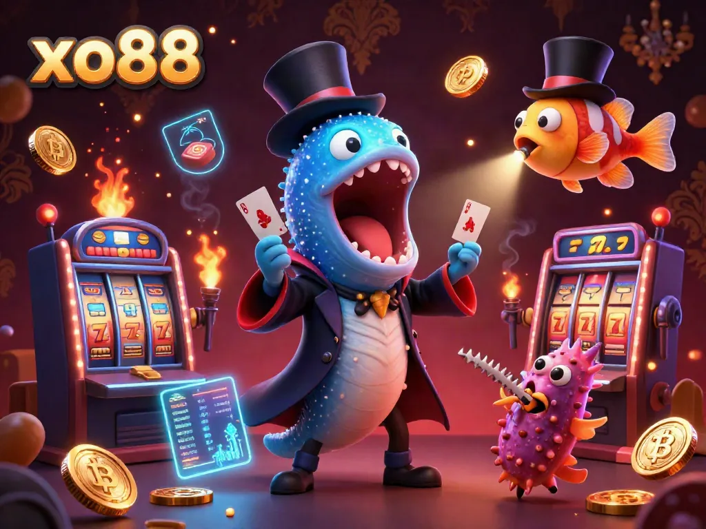 Experience the thrill of xo88's magic world as cartoon characters perform dazzling card tricks in an enchanting casino scene.