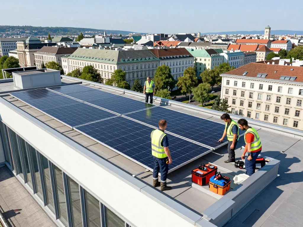 Photovoltaik Wien Dachsolaranlageninstallation mit Technikern, die in der Wiener Skyline zusammenarbeiten.