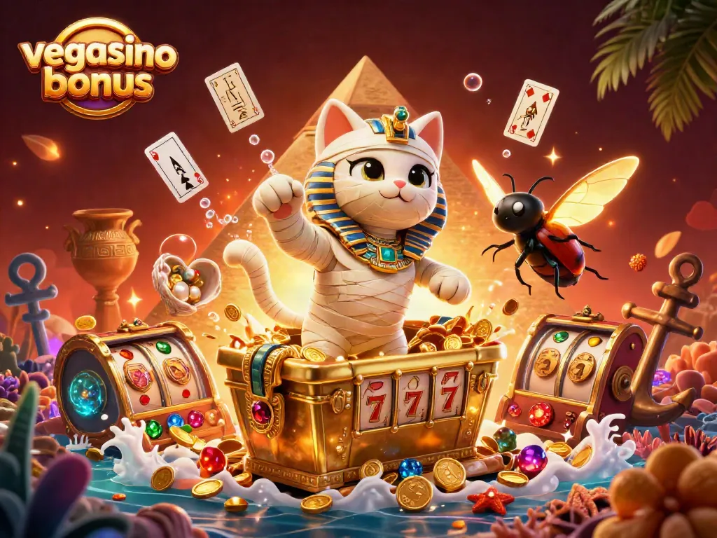 Catch the exciting vegasino bonus with an Egyptian mummy cat and treasures in a vibrant casino scene.