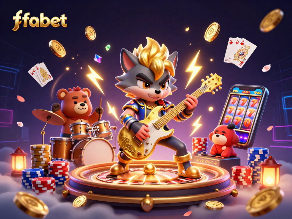 Experience thrilling wins at fabet with animated characters and dynamic casino elements in this 3D illustration.