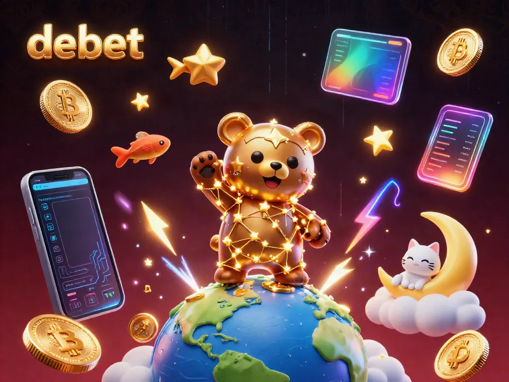 Engage with debet's dynamic gameplay while a constellation bear scoops up virtual coins surrounded by vibrant crypto elements.
