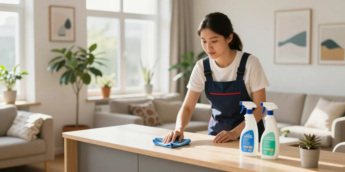 A professional cleaner showcasing quality service from a reinigungsfirma solothurn, dusting furniture in a bright, modern apartment.