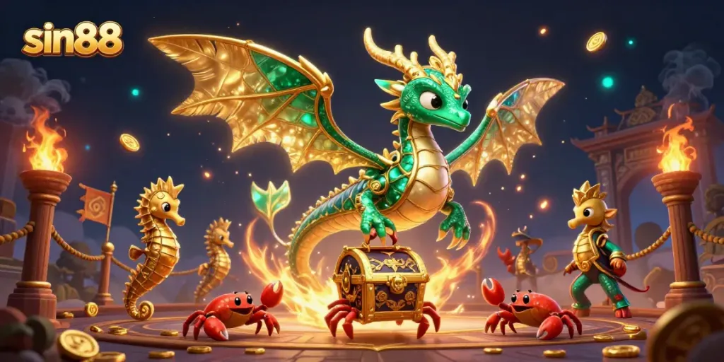 Engage with sin88's thrilling gaming experience featuring a mystical sea dragon and treasure in an enchanting scene.