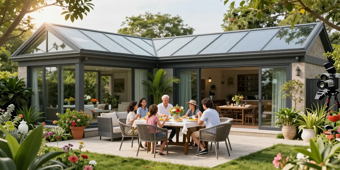 Moderne freistehende Terrassenüberdachung mit Familie bei einem Al-Fresco-Essen im Garten.