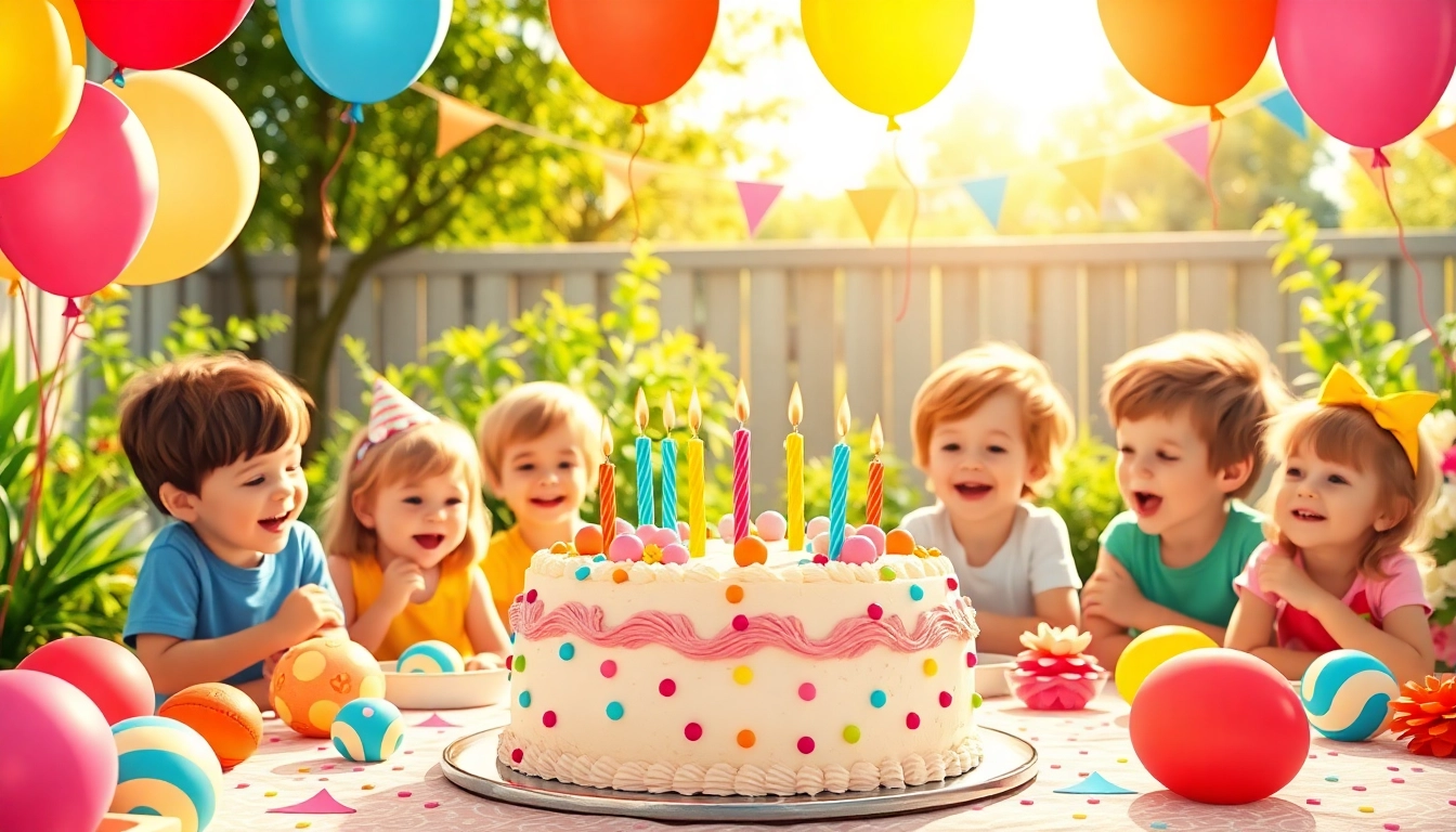 Kindergeburtstag 4 Jahre Party mit fröhlichen Kindern, bunten Ballons und Geburtstagskuchen.