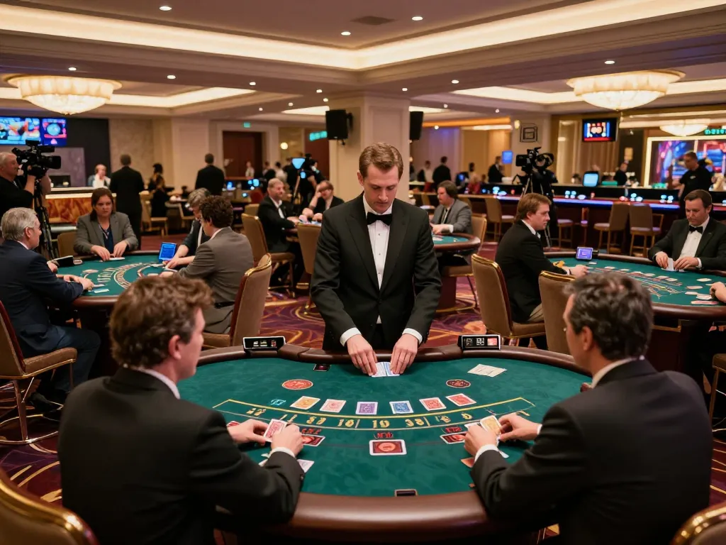 Players enjoying a strategic game of blackjack at bet 88 casino, surrounded by vibrant lighting and luxury decor.