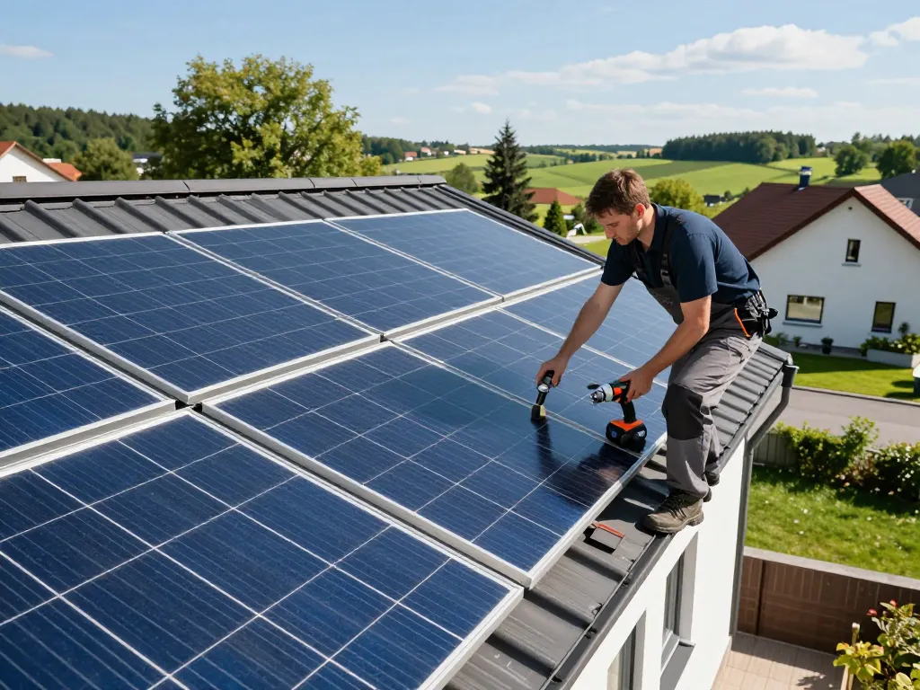 Photovoltaik Bayern Techniker installiert Solarplatten auf einem modernen bayerischen Haus.