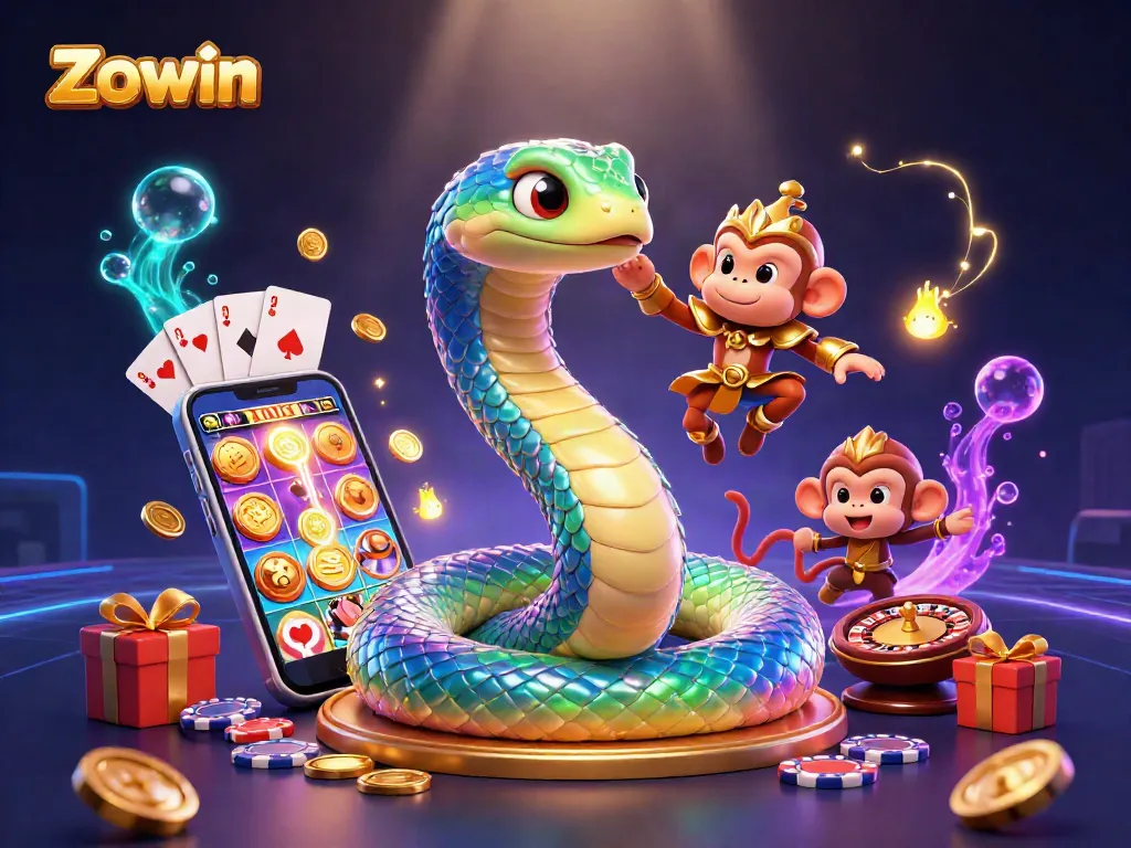 Zowin offers an exciting experience with a vibrant rainbow serpent and golden monkey king in a lively casino world.