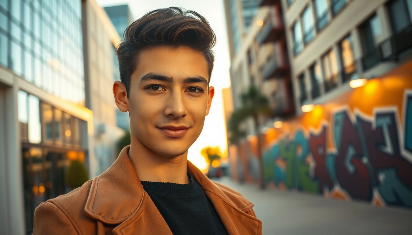 Professioneller Fotograf für Tinder München nimmt Porträt eines jungen Modells auf, umgeben von urbanem Flair.
