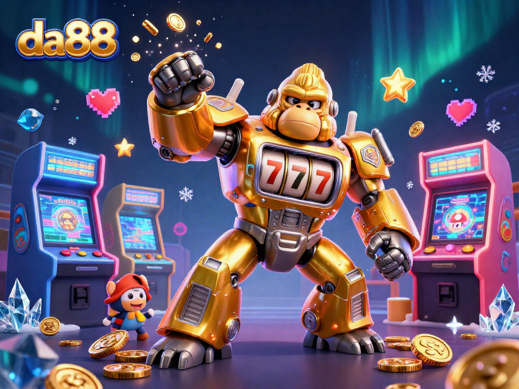 Engage with da88's vibrant gaming world featuring a golden gorilla mech among casino-themed elements.