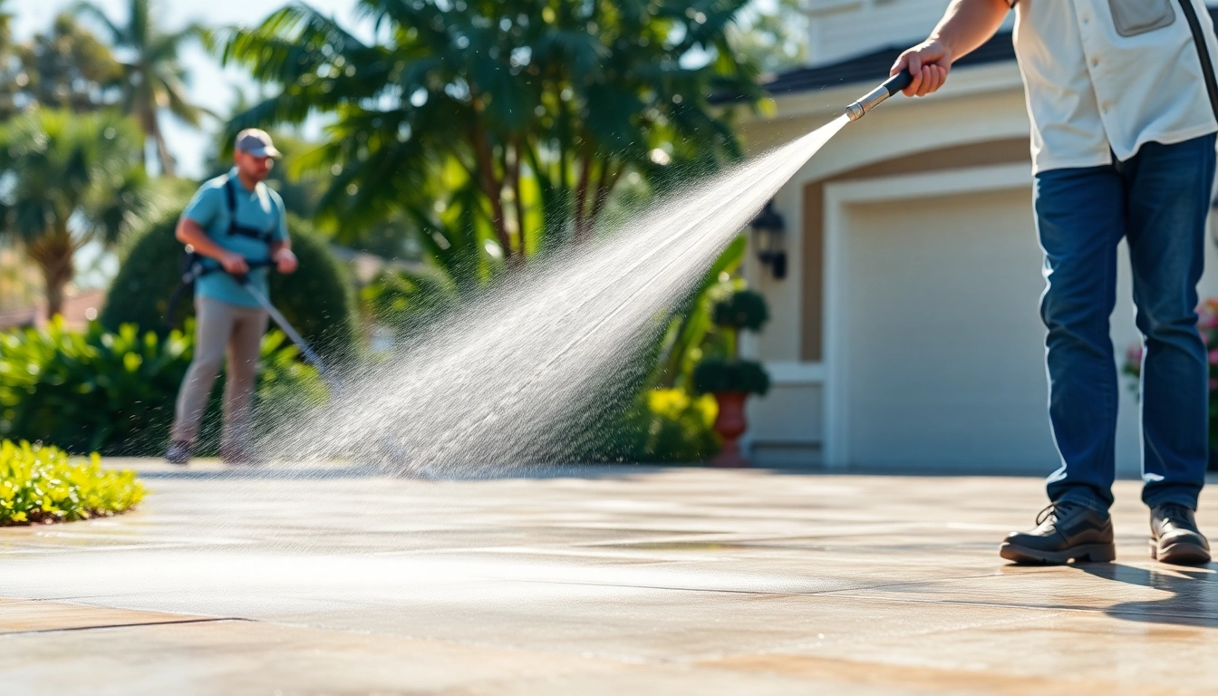 Concrete cleaning in Kissimmee, showcasing a professional crew effectively restoring a driveway's surface.