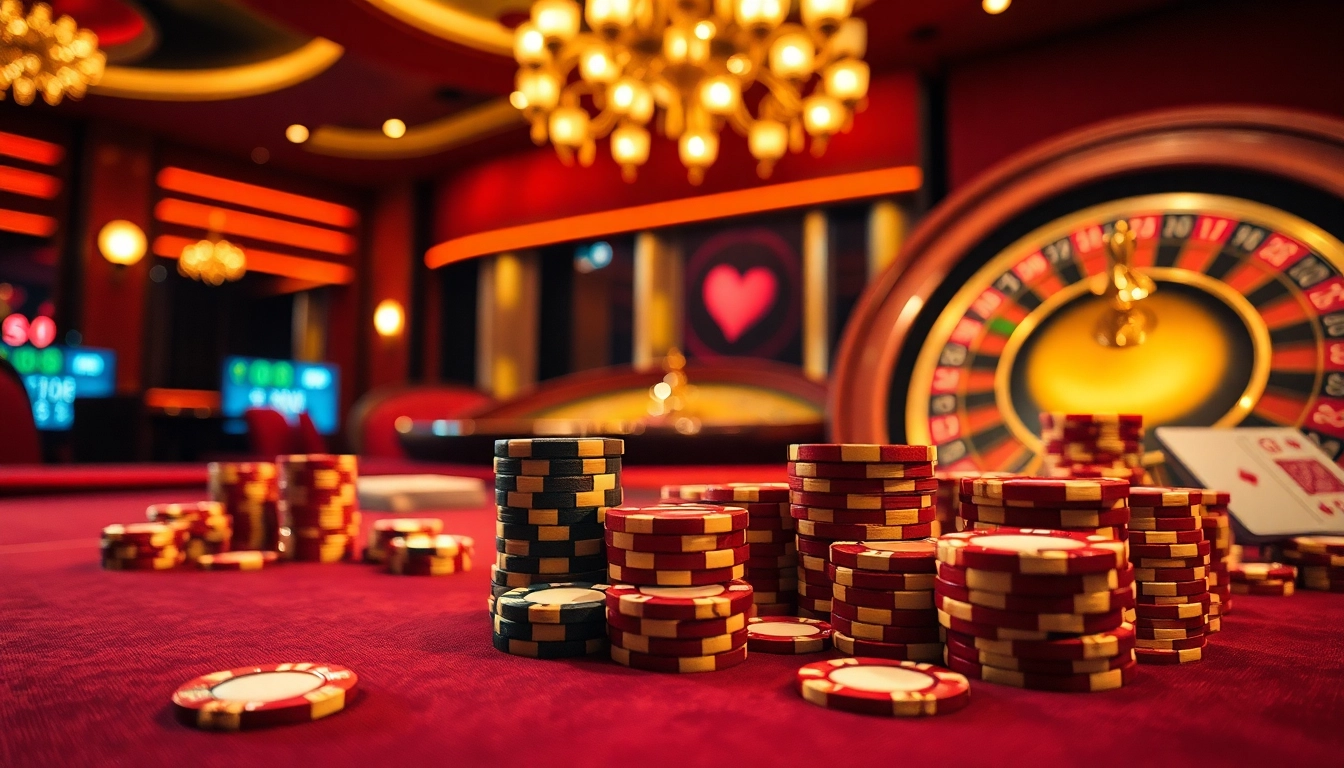 Experience the thrill of gambling at HM88 with vibrant poker chips and a roulette wheel in luxurious settings.