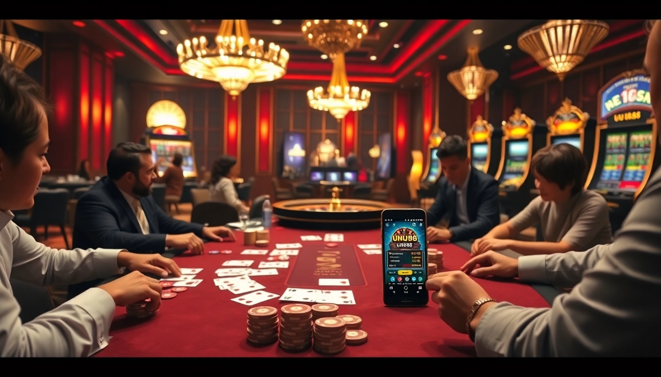 Experience a high-stakes poker game with UU88, showcasing vibrant cards and chips.