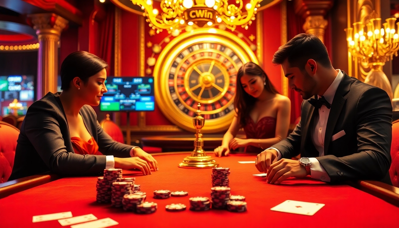 Betting action at a poker table in a luxurious casino showcasing cwin elements.