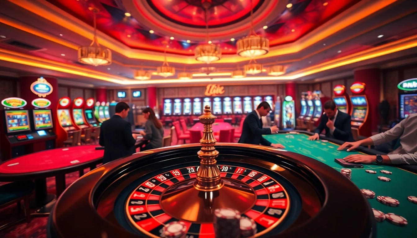 Gamblers enjoying a vibrant gaming atmosphere at Luck8 casino, featuring poker and roulette tables.