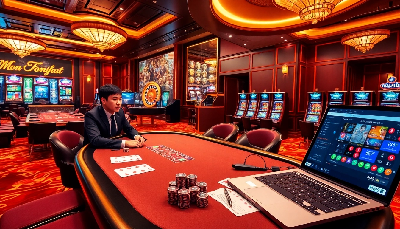HM88 casino gaming experience featuring poker, roulette, and vibrant slot machines.