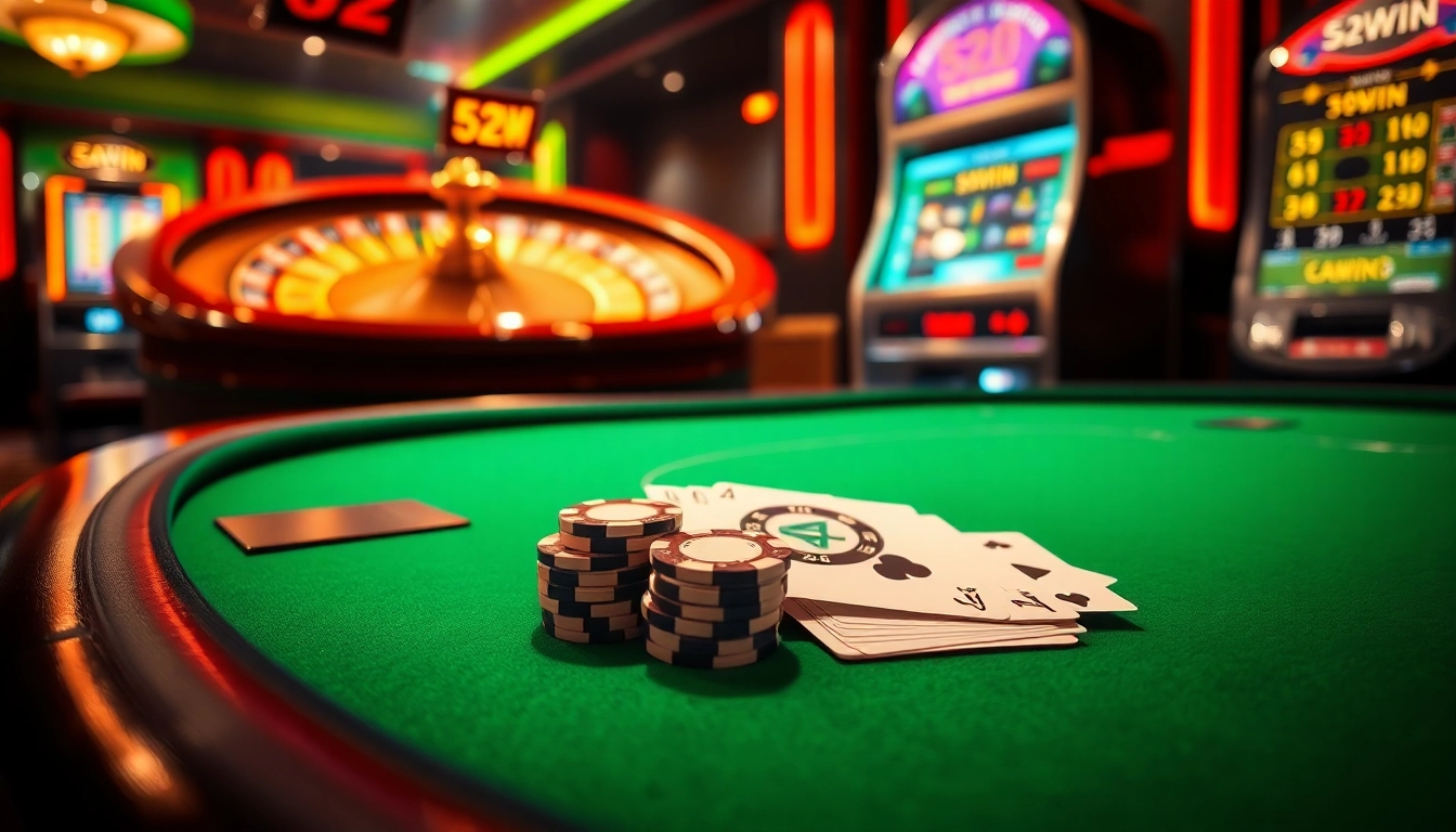 Thrilling poker game featuring 52WIN chips and cards in a luxury casino setting.