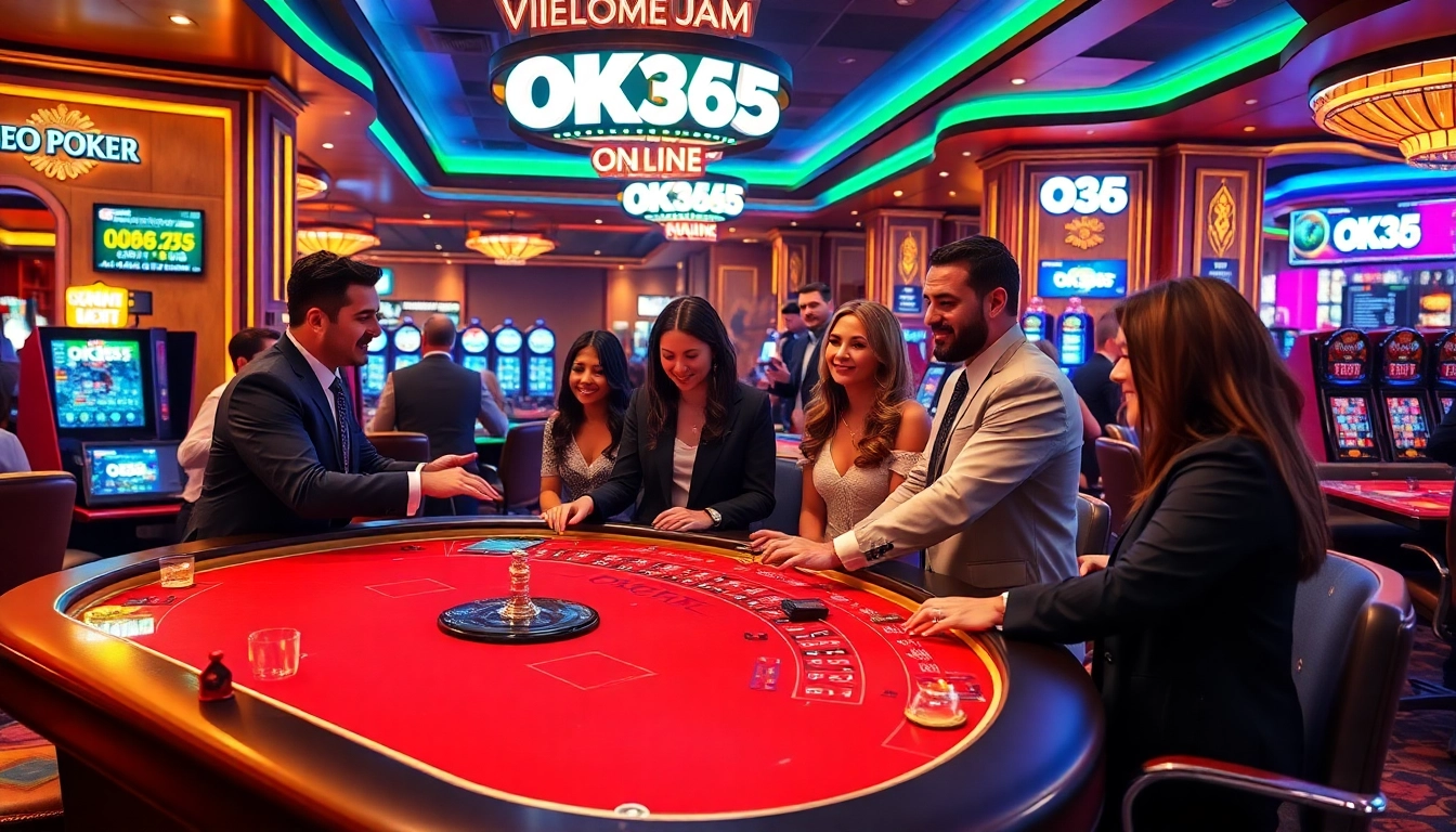 Players enjoy exciting games at OK365's luxurious online casino, celebrating with vibrant roulette wheels and betting slips.