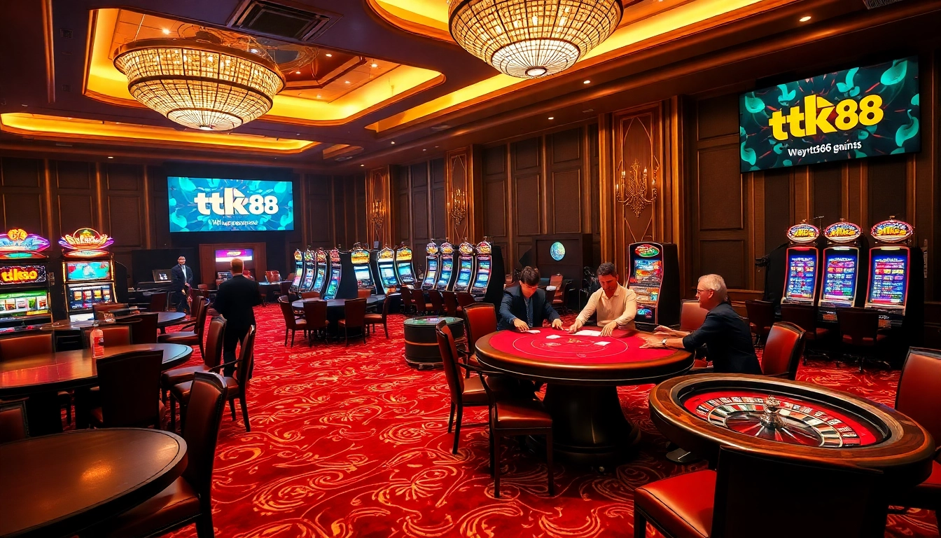 Players engaging in an exciting game at a tk88 casino with vibrant slot machines and poker tables.
