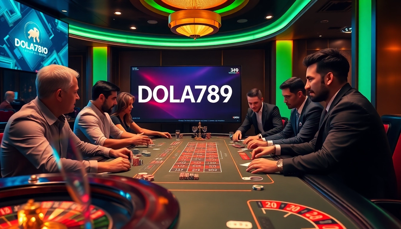DOLA789 casino scene with luxury tables and players engaged in high-stakes gambling.