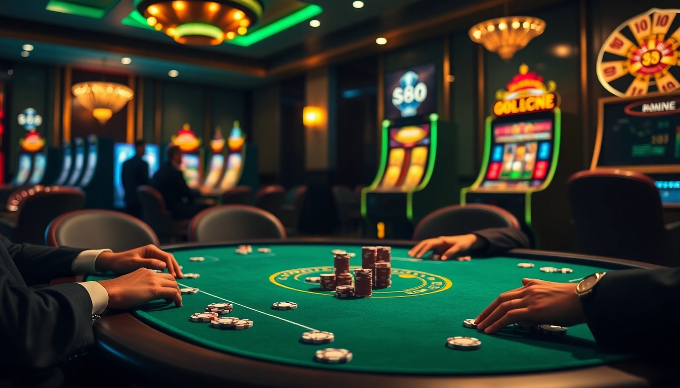 Casino players engaging in a thrilling poker game at S8, highlighting strategic bets and vibrant ambiance.