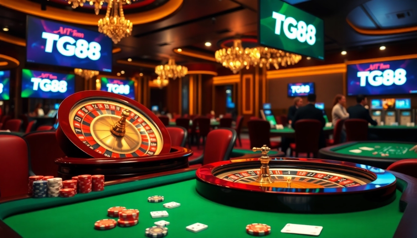 Experience thrilling gambling at TG88 casino with vibrant tables, chips, and cards.