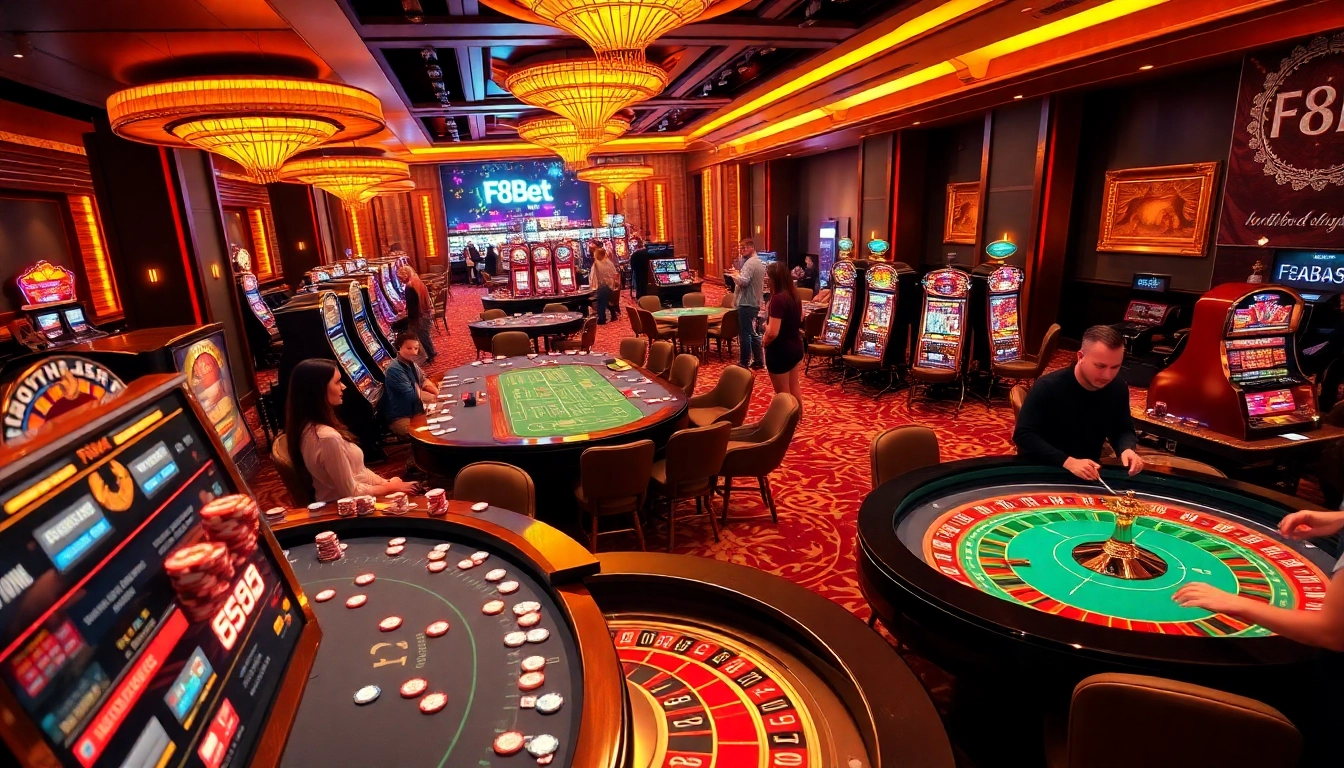 F8Bet casino scene showcasing vibrant tables and excited players enjoying high-stakes games.
