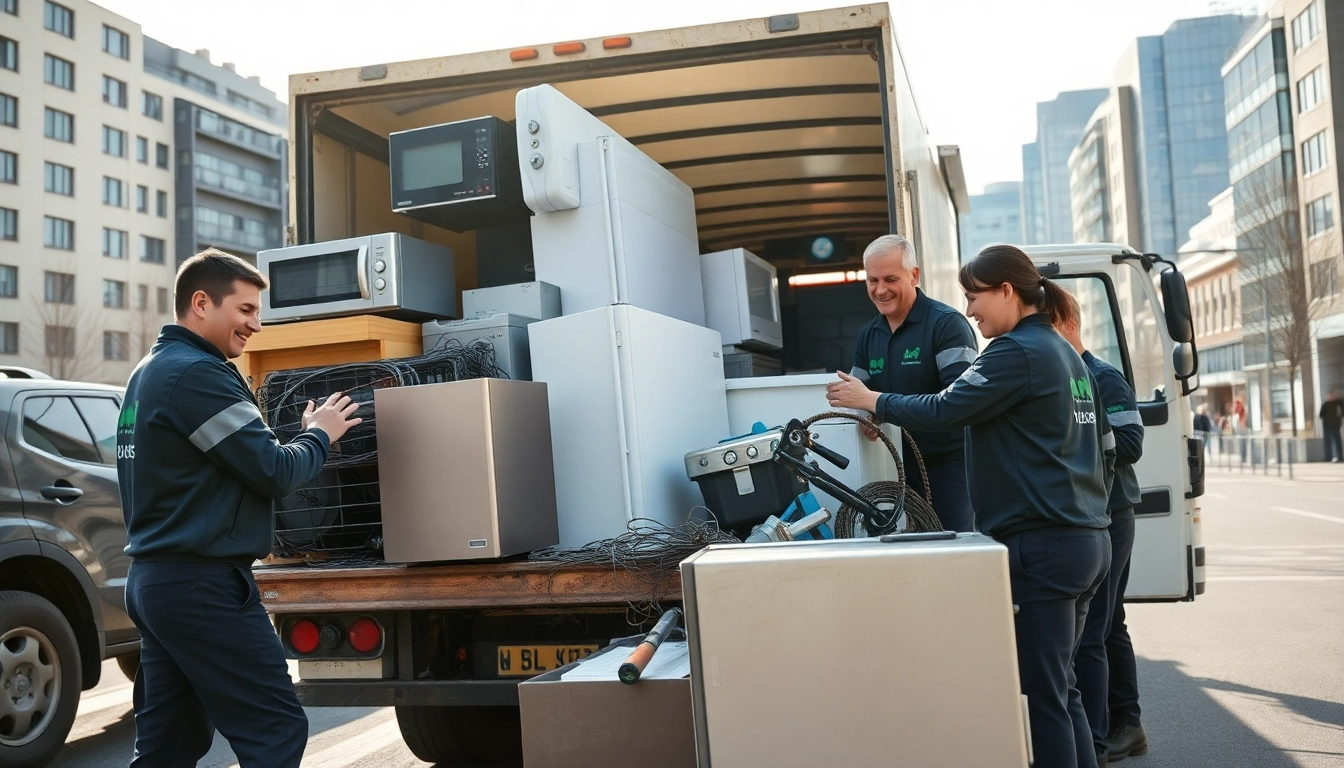 Schrottabholung Düsseldorf Serviceteam lädt effizient Schrottmetall und Haushaltsgeräte in einen Lastwagen; dabei wird Professionalität und Zuverlässigkeit demonstriert.