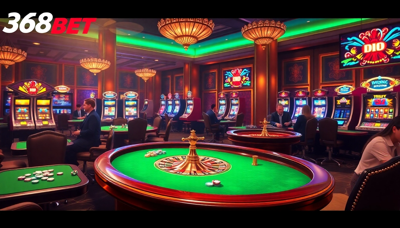 Players enjoying an exciting casino experience at 368BET, featuring poker tables and slot machines.