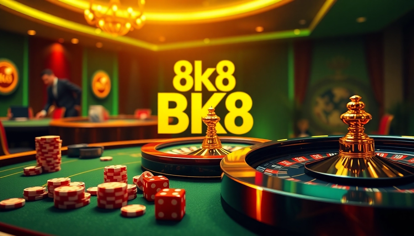 Players enjoying a dynamic BK8 gambling experience at a luxurious casino table with chips and dice.