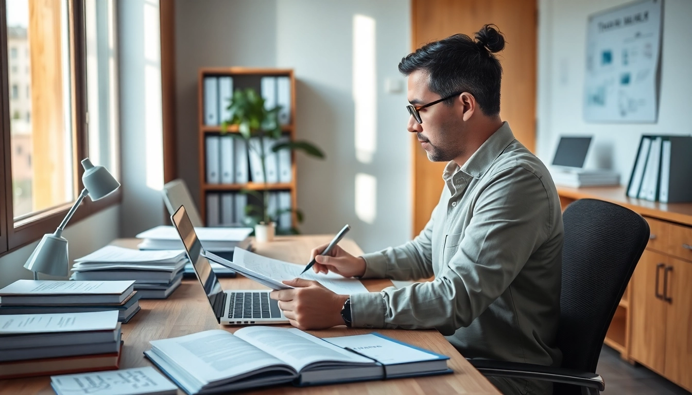 Beeidigter Übersetzer übersetzt offizielle Dokumente in einer professionellen Büroumgebung
