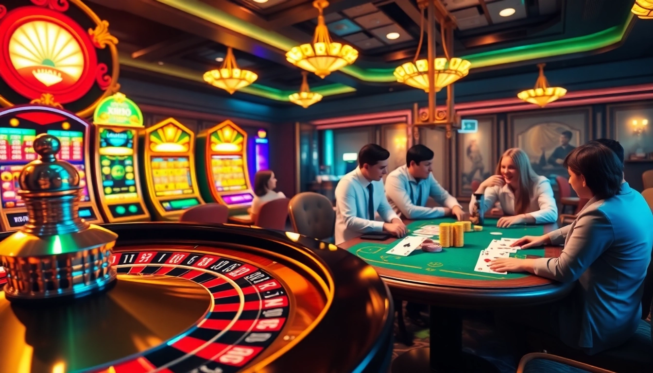 Players enjoy an exciting poker game at XX88 casino, surrounded by colorful slot machines and a vibrant atmosphere.