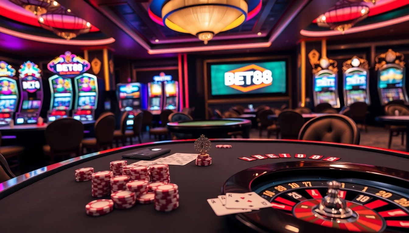 Experience the thrill of BET88 at a luxury casino table with vibrant chips and cards.
