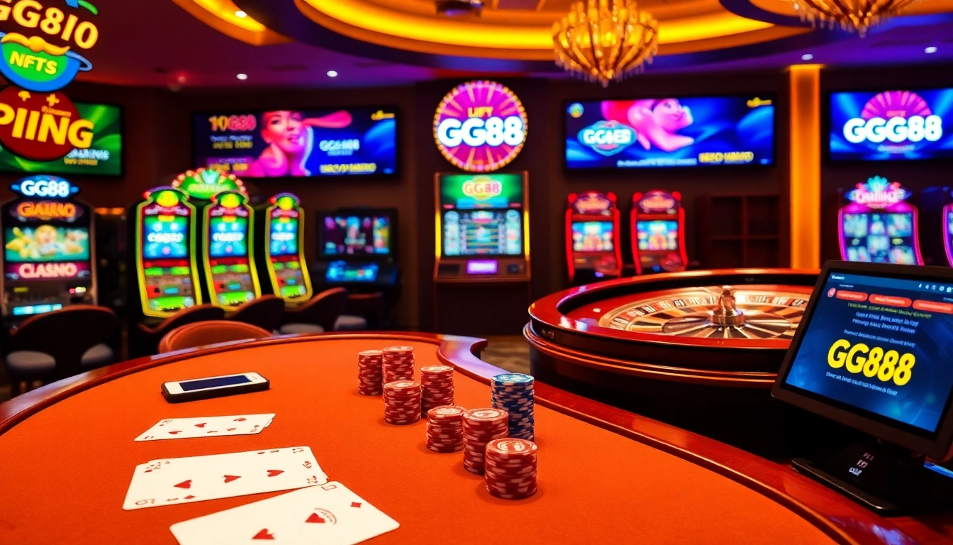 Experience the excitement of GG88 with poker chips, cards, and a roulette wheel in a vibrant casino scene.